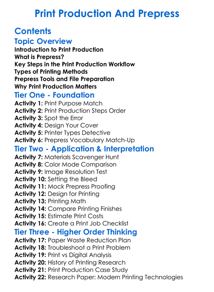 Print Production And Prepress Worksheet Activity Booklet