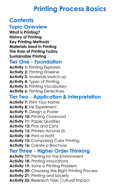 Printing Process Basics Worksheet Activity Booklet