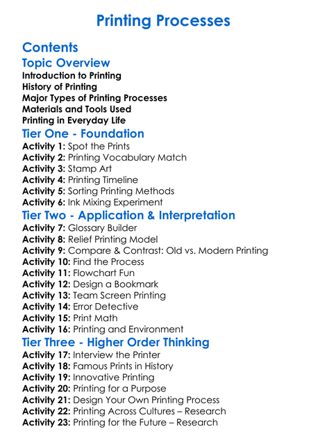 Printing Processes Worksheet Activity Booklet