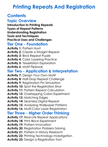 Printing Repeats And Registration Worksheet Activity Booklet