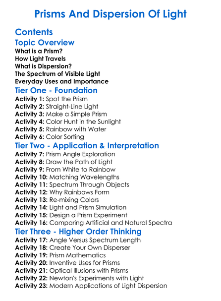 Prisms And Dispersion Of Light Worksheet Activity Booklet