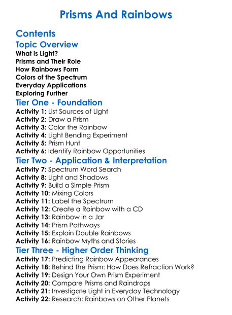 Prisms And Rainbows Worksheet Activity Booklet