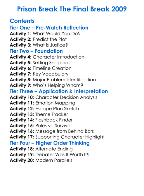 Prison Break The Final Break 2009 Worksheet Activity Booklet
