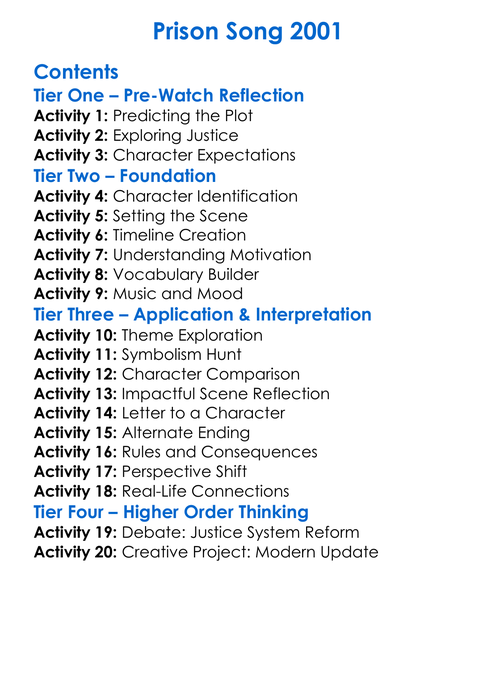 Prison Song 2001 Worksheet Activity Booklet