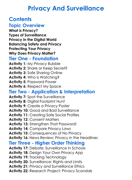 Privacy And Surveillance Worksheet Activity Booklet