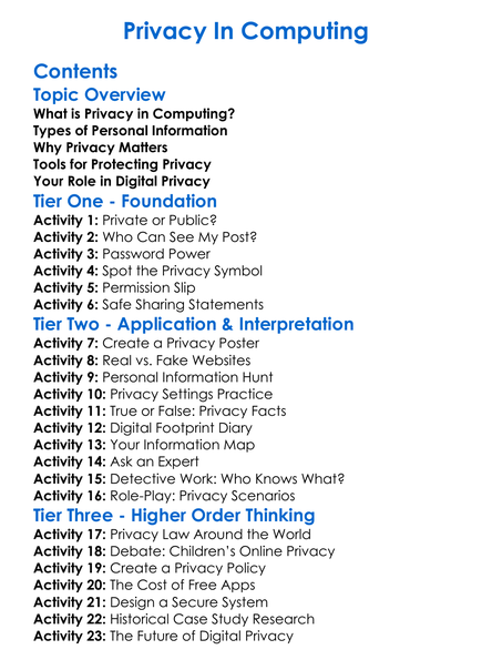 Privacy In Computing Worksheet Activity Booklet
