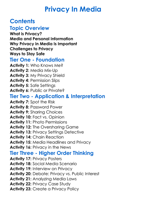 Privacy In Media Worksheet Activity Booklet