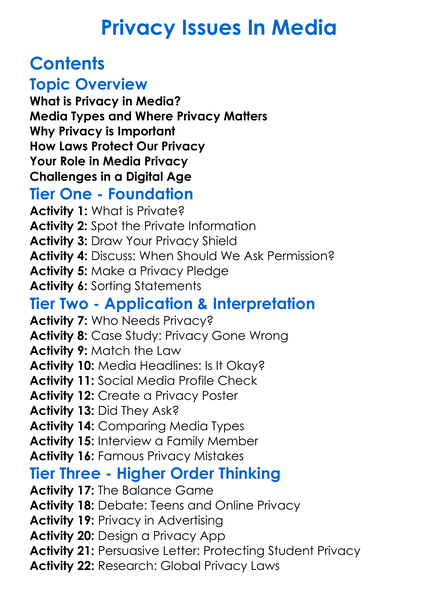 Privacy Issues In Media Worksheet Activity Booklet
