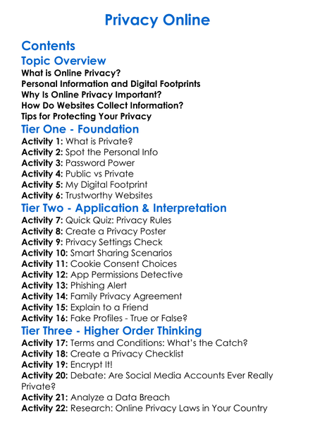 Privacy Online Worksheet Activity Booklet
