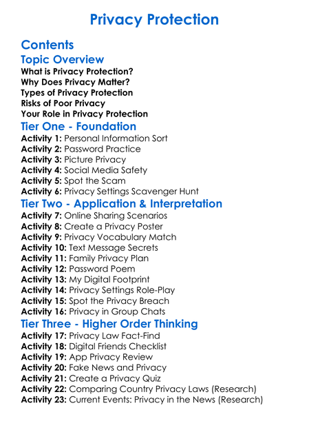 Privacy Protection Worksheet Activity Booklet