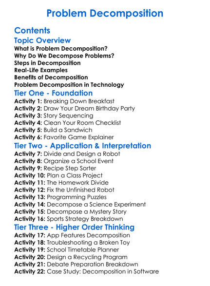 Problem Decomposition Worksheet Activity Booklet
