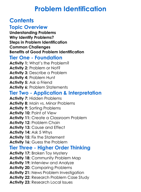 Problem Identification Worksheet Activity Booklet