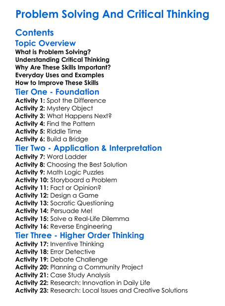Problem Solving And Critical Thinking Worksheet Activity Booklet