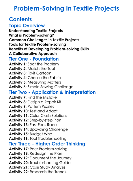 Problem-Solving In Textile Projects Worksheet Activity Booklet