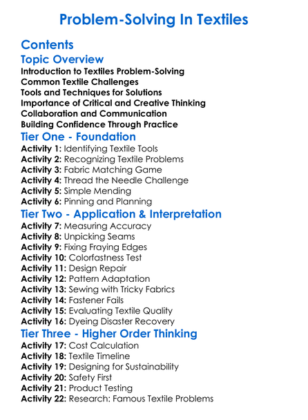 Problem-Solving In Textiles Worksheet Activity Booklet