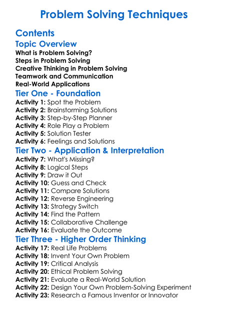 Problem Solving Techniques Worksheet Activity Booklet
