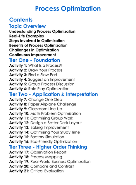 Process Optimization Worksheet Activity Booklet