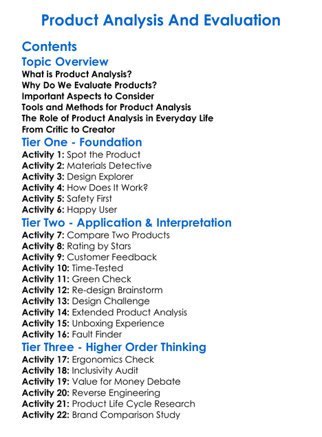 Product Analysis And Evaluation Worksheet Activity Booklet
