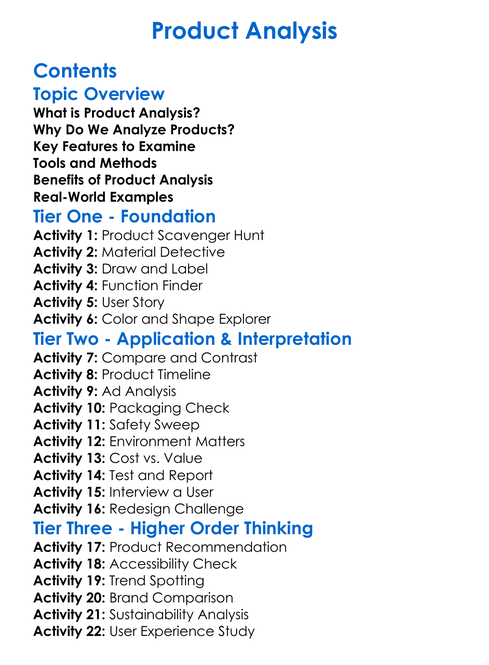 Product Analysis Worksheet Activity Booklet