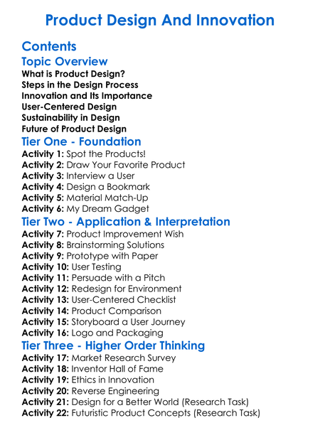 Product Design And Innovation Worksheet Activity Booklet