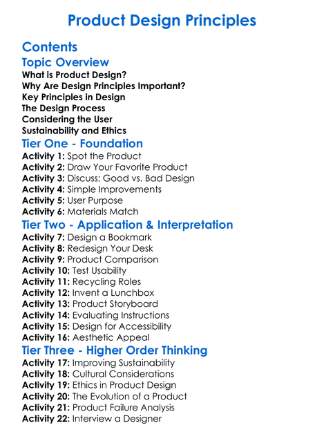 Product Design Principles Worksheet Activity Booklet