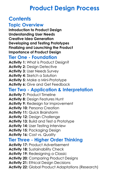 Product Design Process Worksheet Activity Booklet