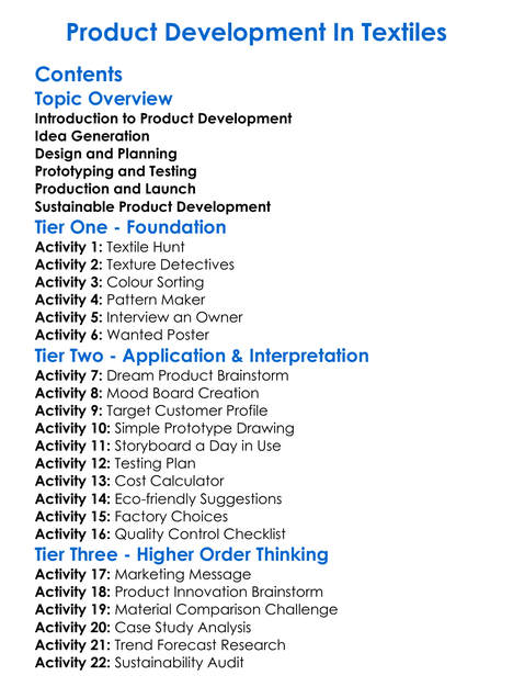 Product Development In Textiles Worksheet Activity Booklet