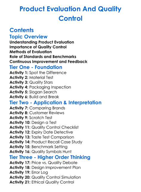 Product Evaluation And Quality Control Worksheet Activity Booklet