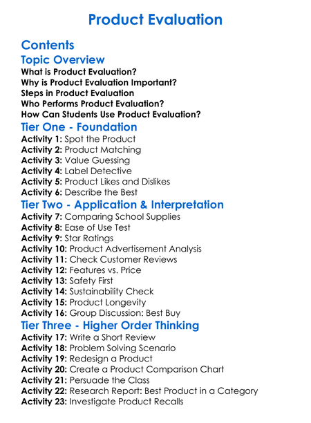 Product Evaluation Worksheet Activity Booklet