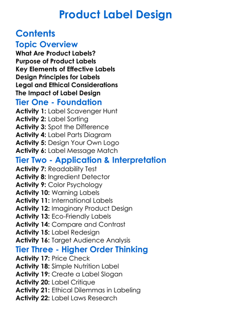 Product Label Design Worksheet Activity Booklet
