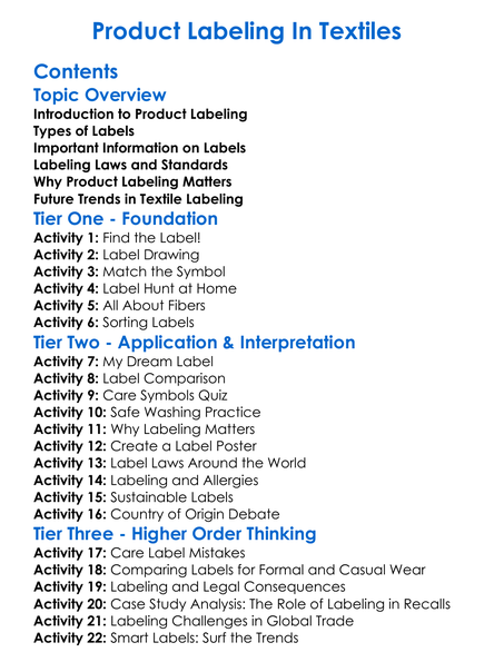 Product Labeling In Textiles Worksheet Activity Booklet
