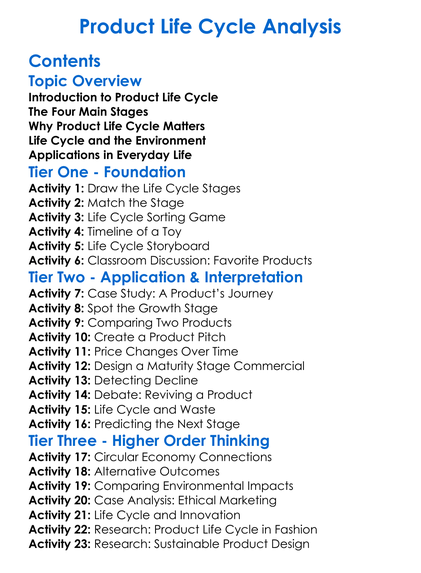 Product Life Cycle Analysis Worksheet Activity Booklet