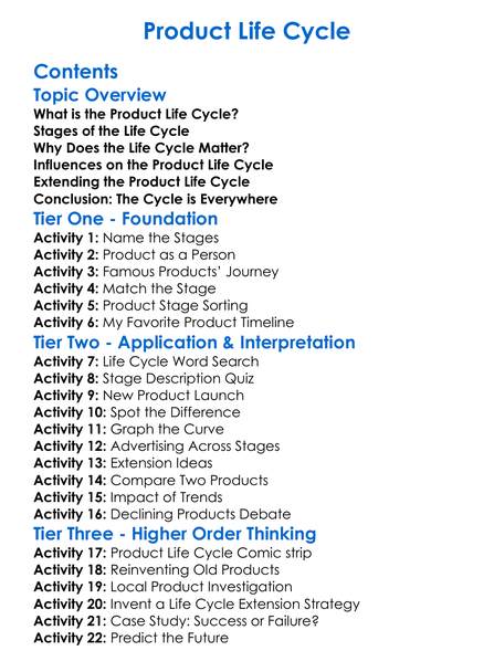 Product Life Cycle Worksheet Activity Booklet