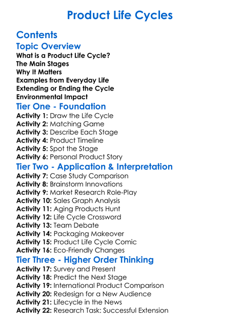 Product Life Cycles Worksheet Activity Booklet