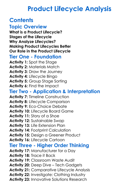 Product Lifecycle Analysis Worksheet Activity Booklet