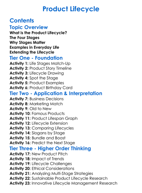 Product Lifecycle Worksheet Activity Booklet