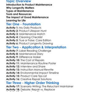 Product Maintenance And Longevity Worksheet Activity Booklet