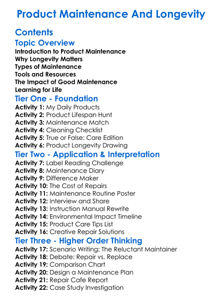 Product Maintenance And Longevity Worksheet Activity Booklet