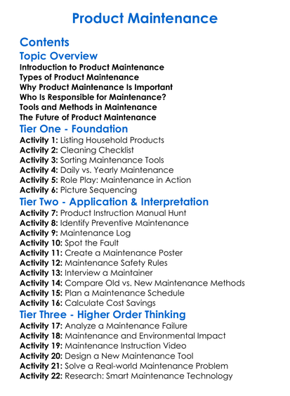 Product Maintenance Worksheet Activity Booklet