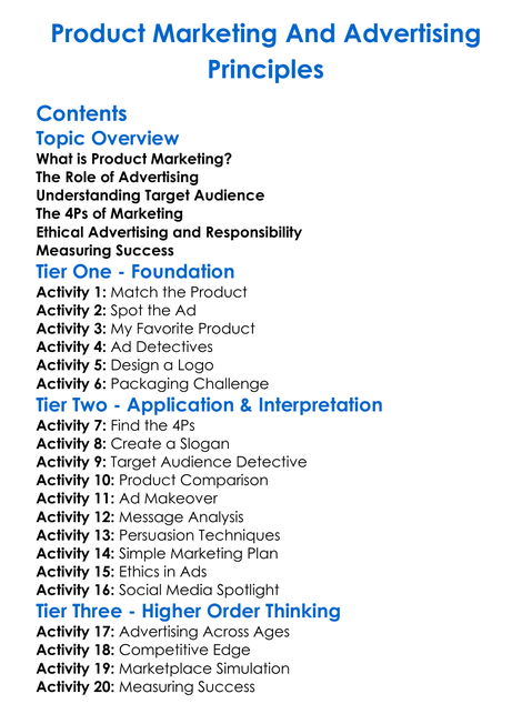 Product Marketing And Advertising Principles Worksheet Activity Booklet
