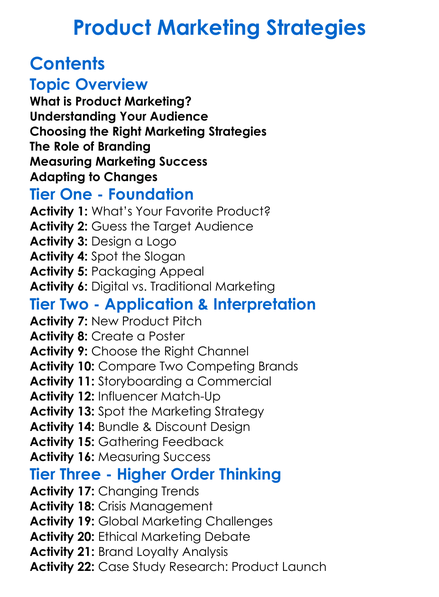 Product Marketing Strategies Worksheet Activity Booklet