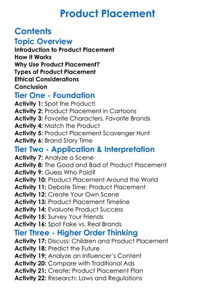 Product Placement Worksheet Activity Booklet