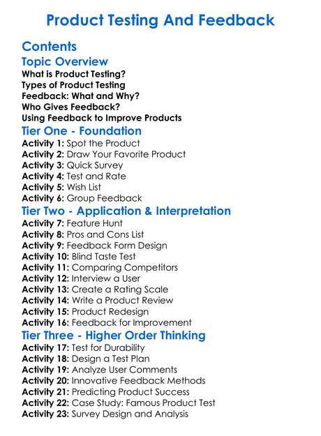 Product Testing And Feedback Worksheet Activity Booklet