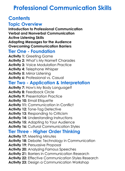 Professional Communication Skills Worksheet Activity Booklet
