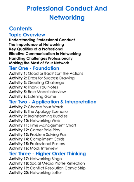 Professional Conduct And Networking Worksheet Activity Booklet