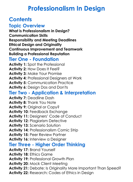 Professionalism In Design Worksheet Activity Booklet