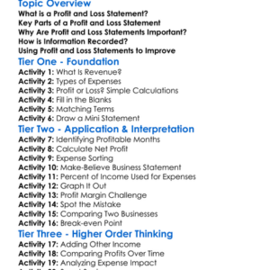 Profit And Loss Statement Worksheet Activity Booklet