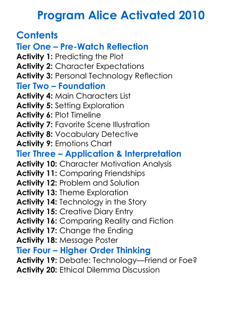Program Alice Activated 2010 Worksheet Activity Booklet