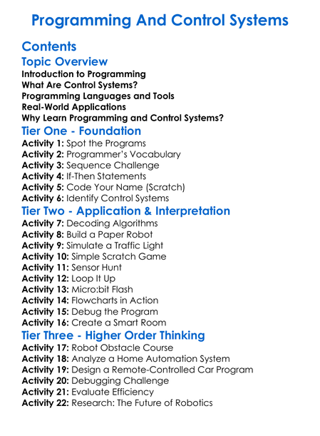 Programming And Control Systems Worksheet Activity Booklet