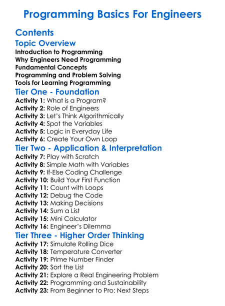 Programming Basics For Engineers Worksheet Activity Booklet